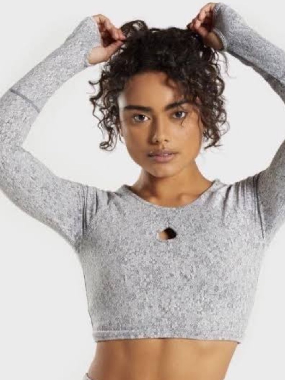 Gymshark Gray Fleur Texture Cropped Long-Sleeve Dry Fit Top with Keyhole